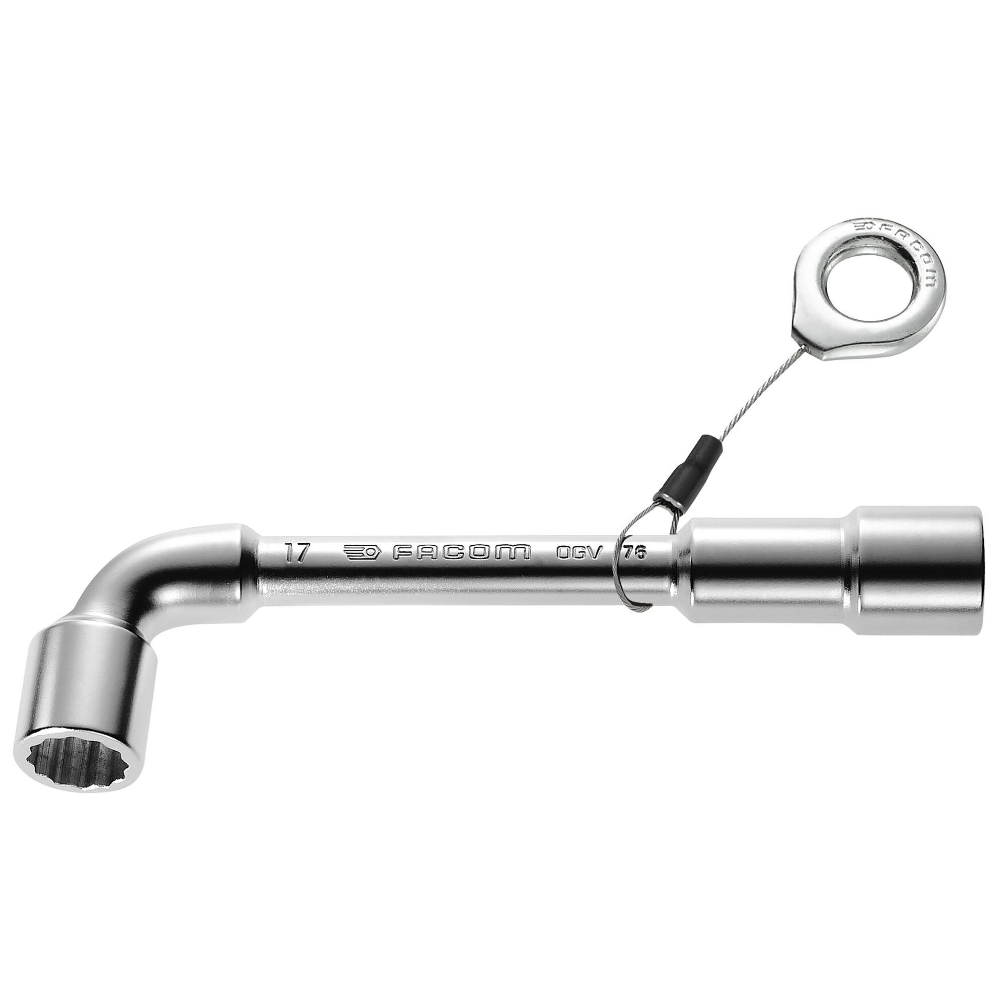Facom 76_10SLS L-shaped socket wrench with retention cable, silver finish, side view on white background.